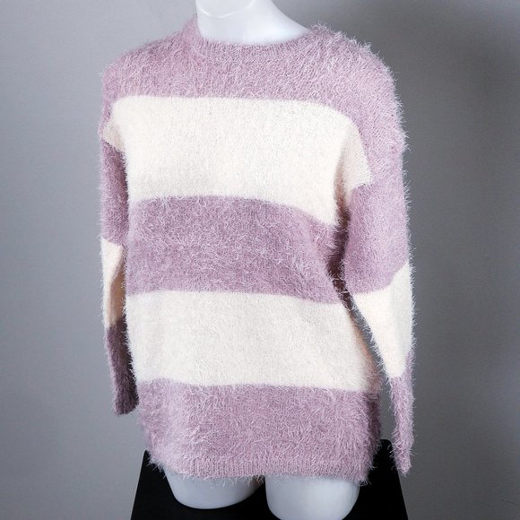 NWT Evelyn Taylor | Lilac & White Stripe Feather Yarn Sweater - M - Picture 4 of 7